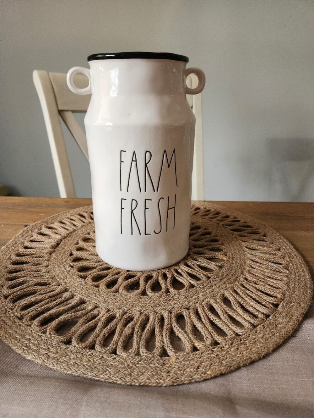 Rae Dunn "FARM FRESH" Milk Jug Vase Canister Handles with Black Rim.